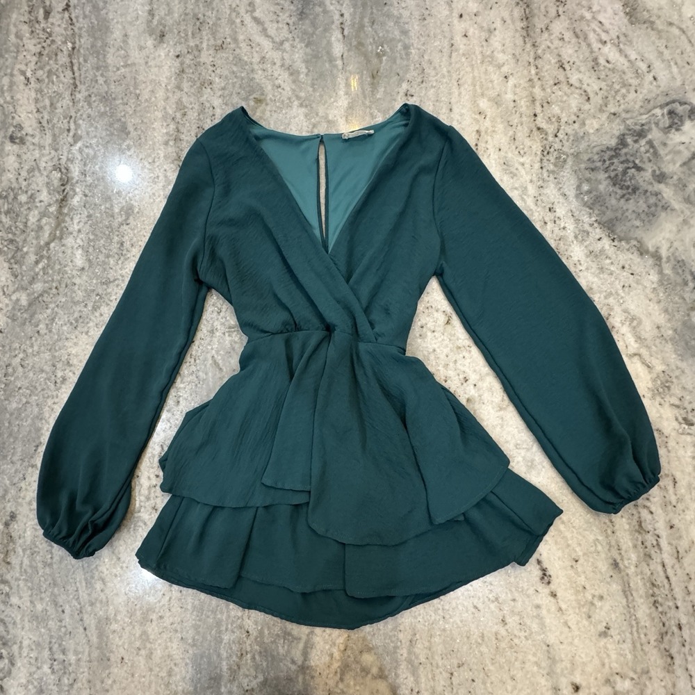 Altar'd State Artesia Long Sleeve Romper Tiered Green Size M Festival Holiday